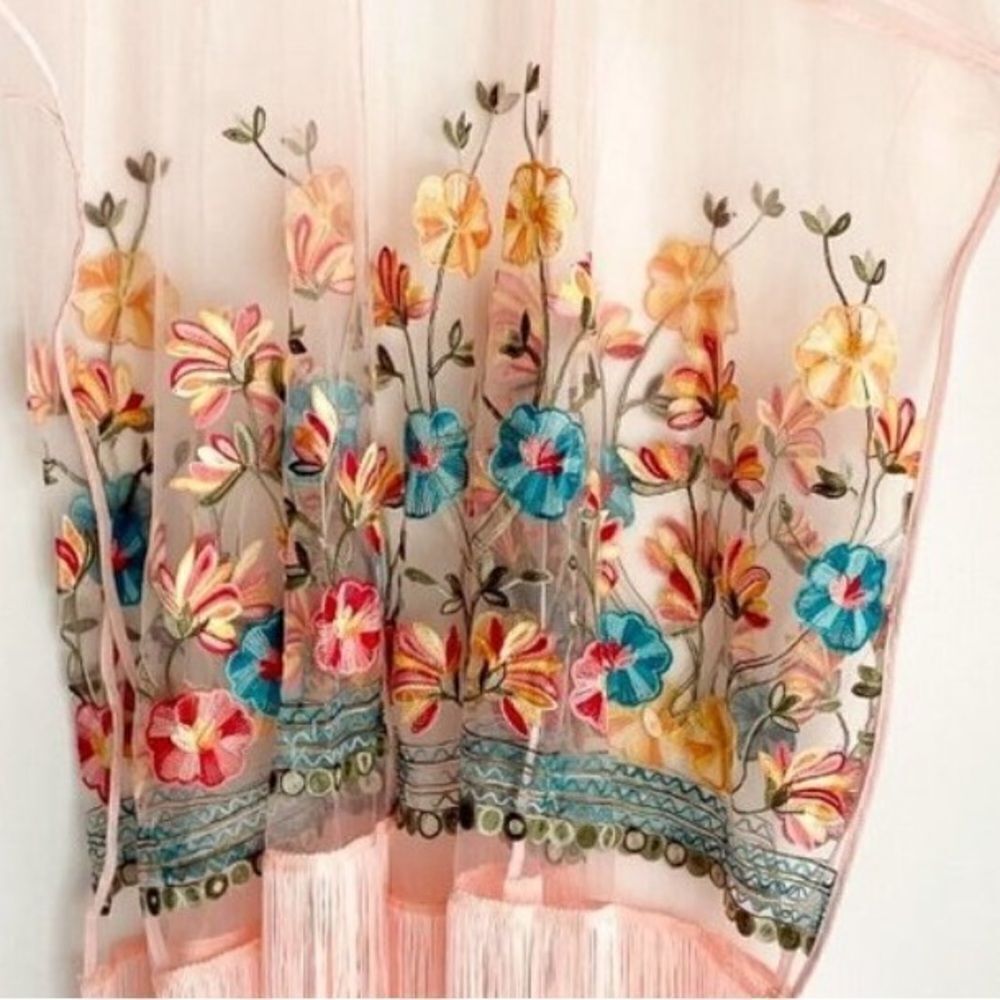 Haute Hippie Pink Mesh Floral Embroidered Fringe Boho, Festival Kimono, OS. NWT! - Picture 5 of 16